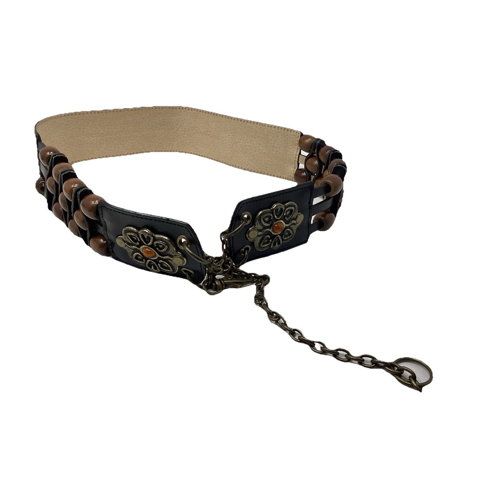 Olga Santini Blk Brown Leather Belt Medium Wood Beaded Gold Ornate Metal Chain
